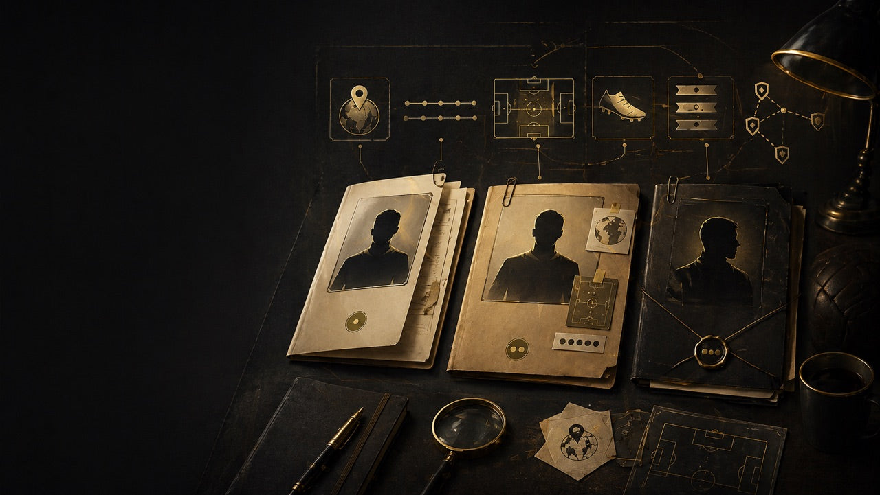 Daily Trio archive desk with three hidden football player dossiers and deduction clues.